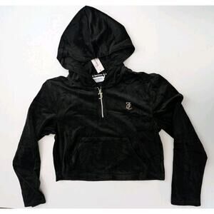 NWT Juicy Couture Black Velour Quarter Zip Hoodie Women's Size Large